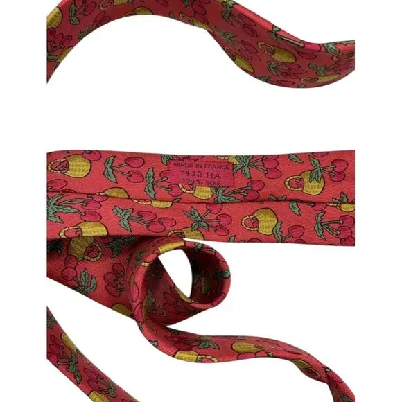 HERMÈS Men's 100% Silk Necktie LUXURY Tie 7430 HA Coral Cherry Backet W:3.5" EUC